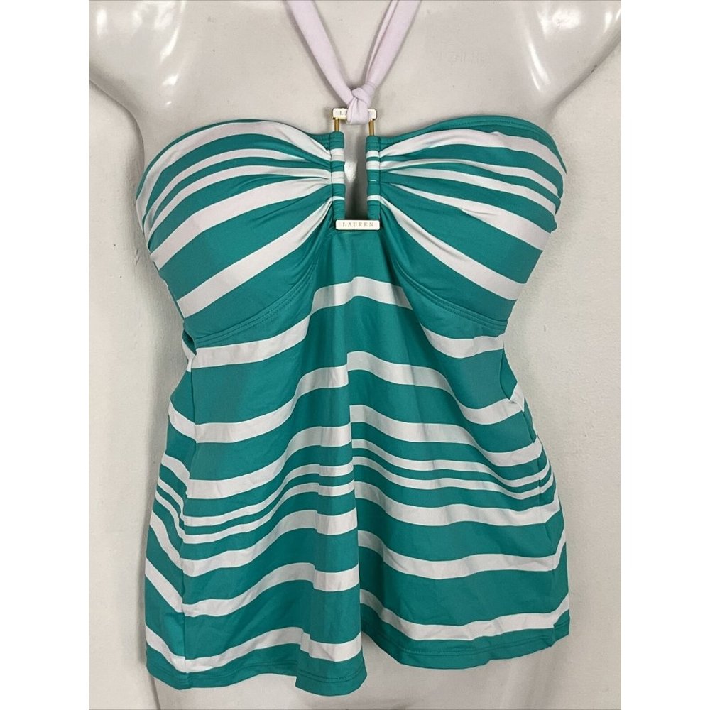 Ralph Lauren Swim Tankini Top Womens 8 Green White Stripe Halter Tie